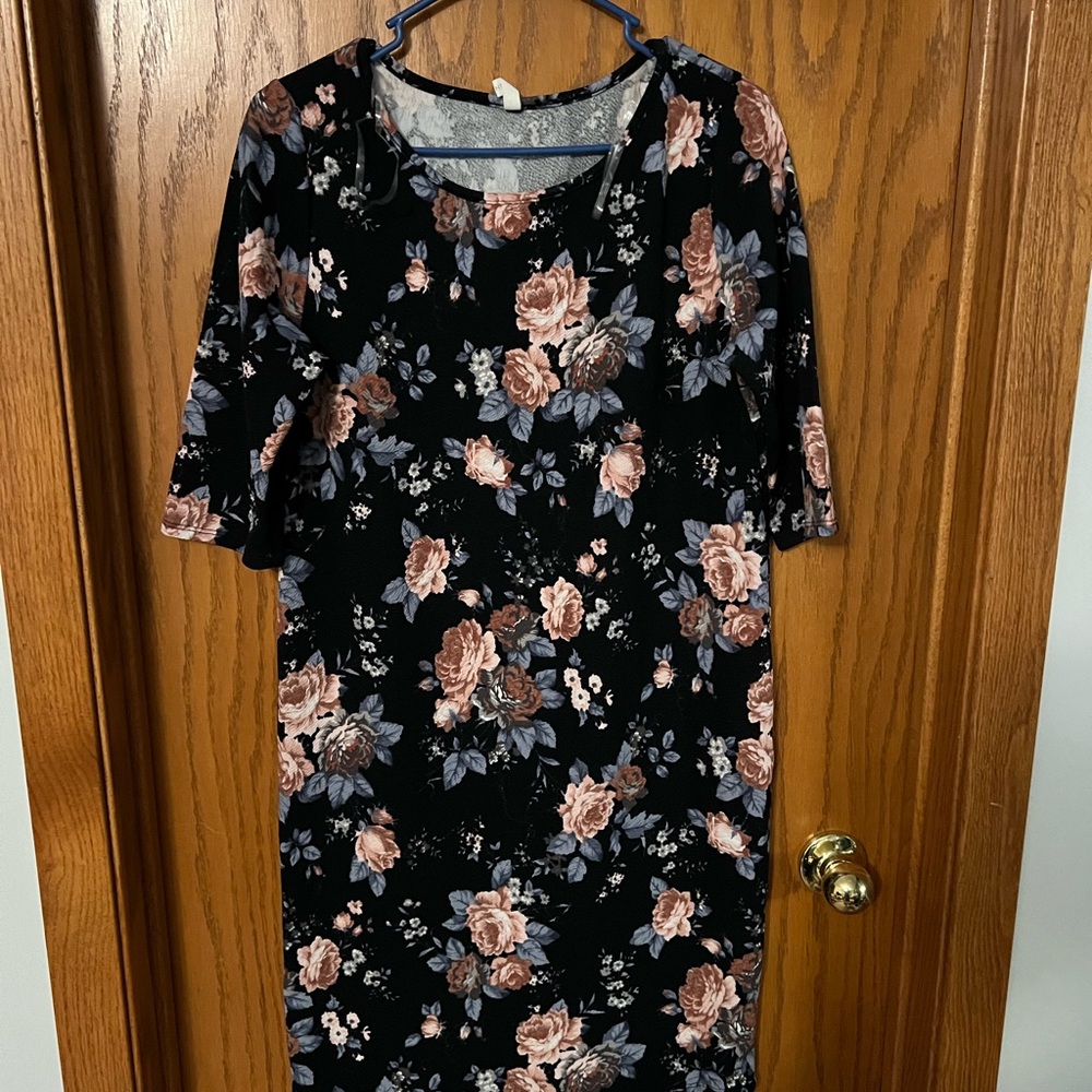 Floral Black Dress with Pink and Blue Accents